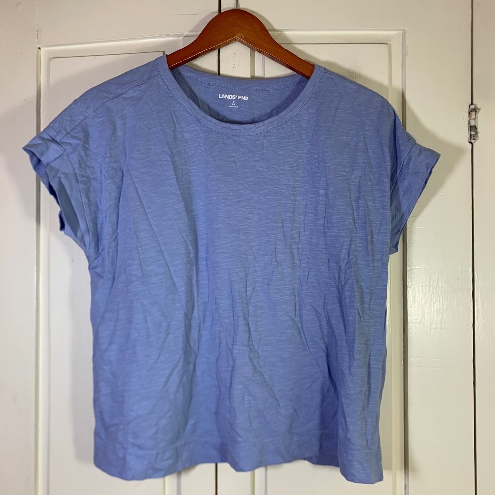 Lands End Womens Light Blue Slub Cotton Cuffed Short Sleeve Crewneck Tee S 6-8